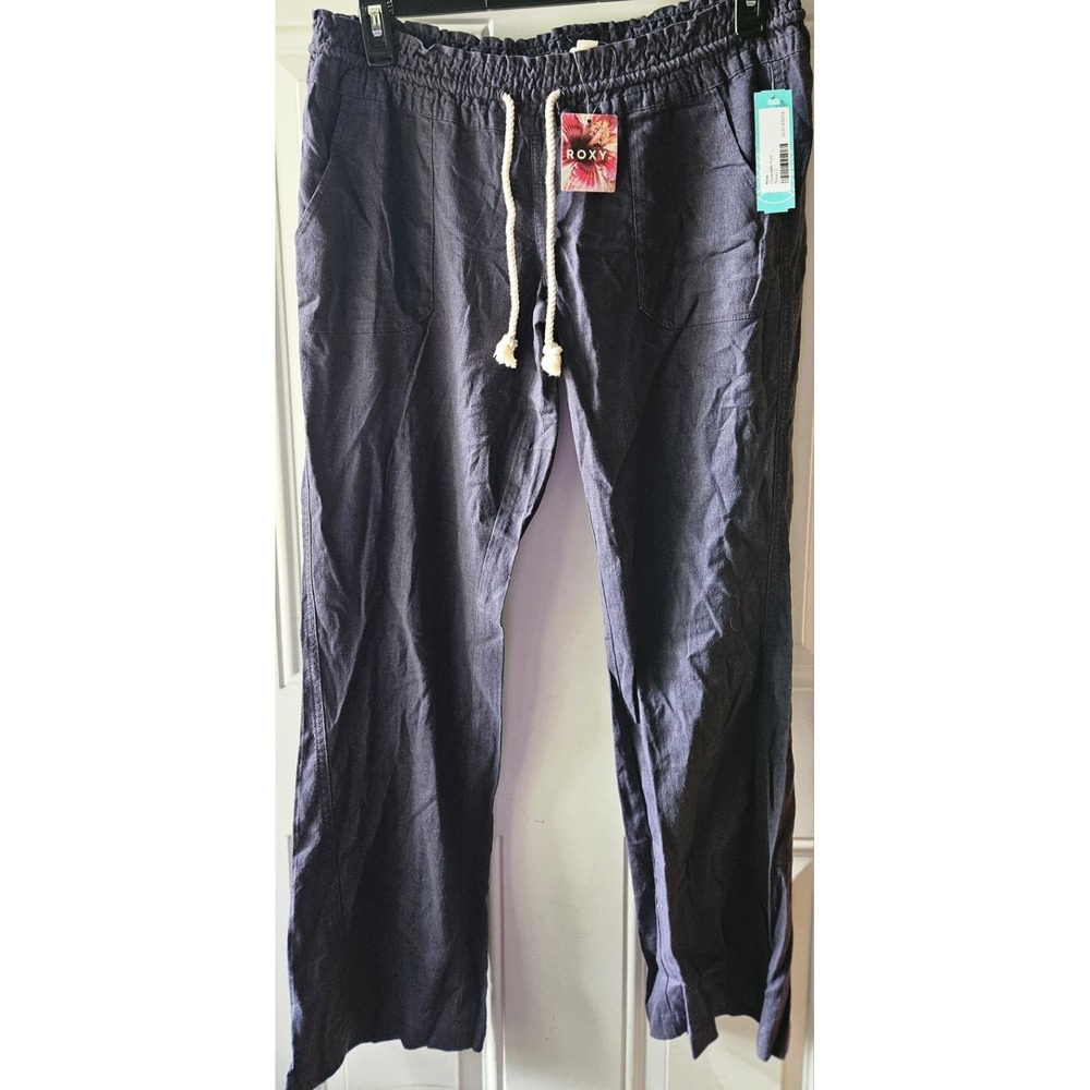 NWT Roxy Oceanside Pant Women's Large Navy Linen Blend Drawstring Beach Wide Leg